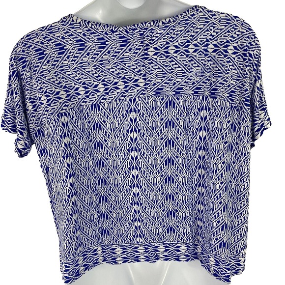 Old Navy‎ Women's XXL Blue White Short Sleeve Blouse Cropped Herringbone - Picture 4 of 9